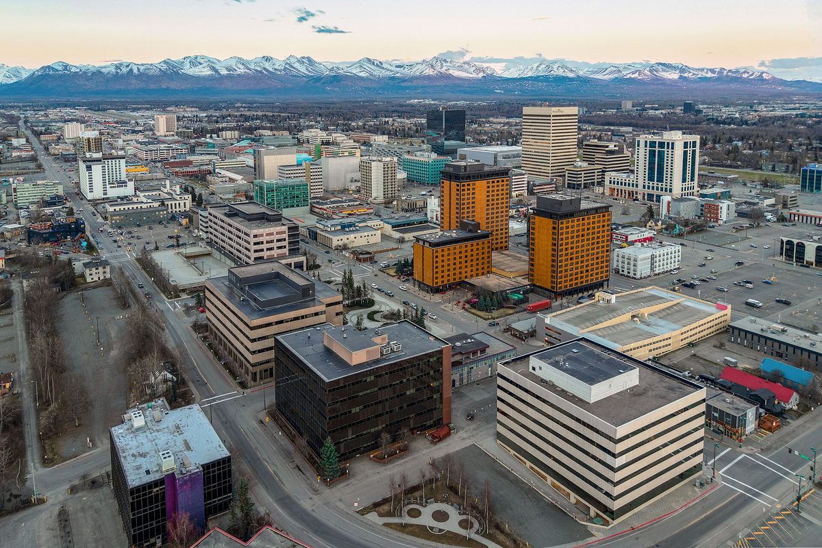 Downtown Anchorage with the snowcapped Chugach Mountains behind