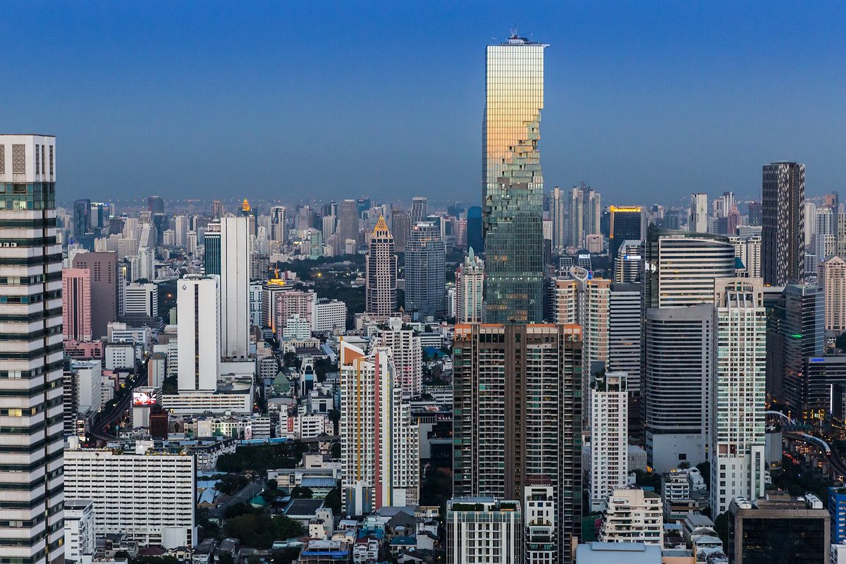 Skyscrapers of central Bangkok under a blue sky