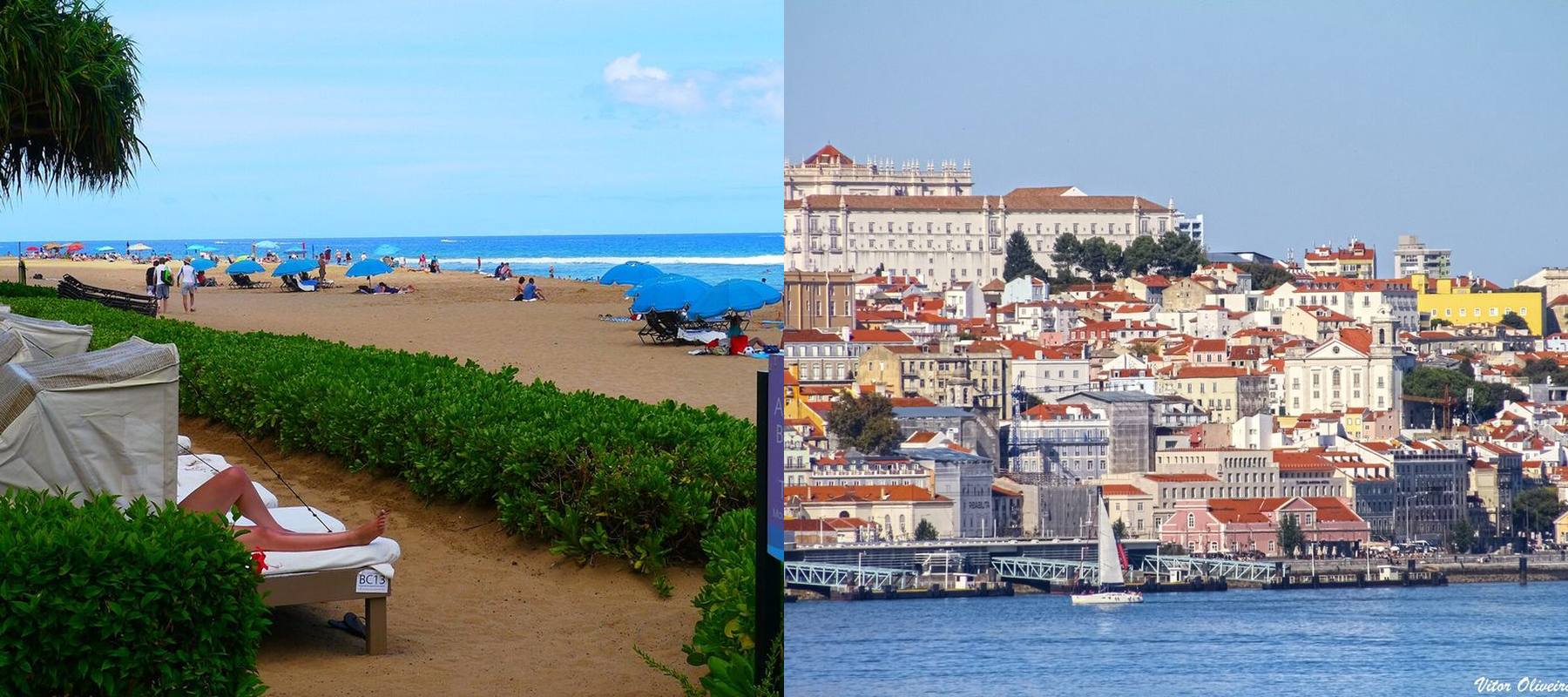 Split photo: Kāʻanapali Beach on Maui with blue umbrellas on the sand (left) and Lisbon's Alfama hillside above the Tagus River (right)