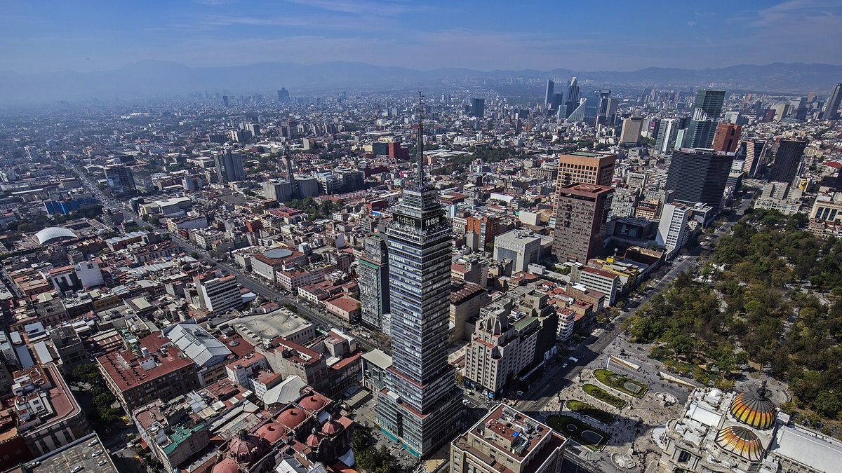 Aerial view of central Mexico City with the Torre Latinoamericana and the Palacio de Bellas Artes