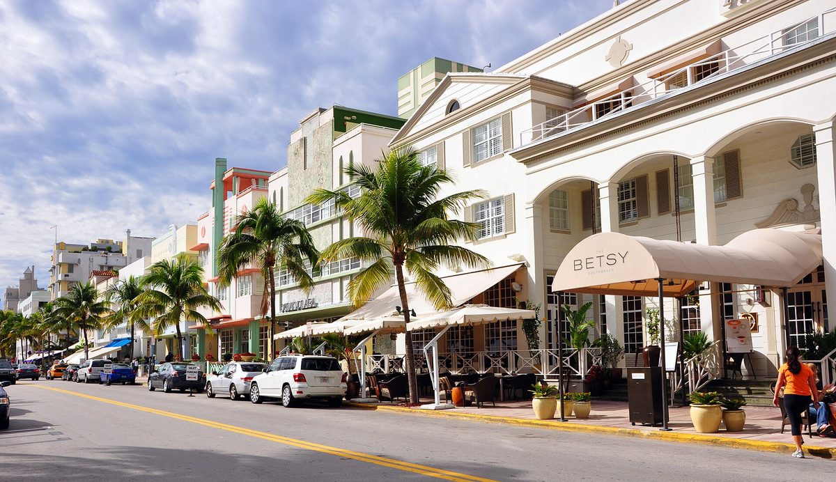 Art Deco hotels and palm trees along Ocean Drive in Miami Beach