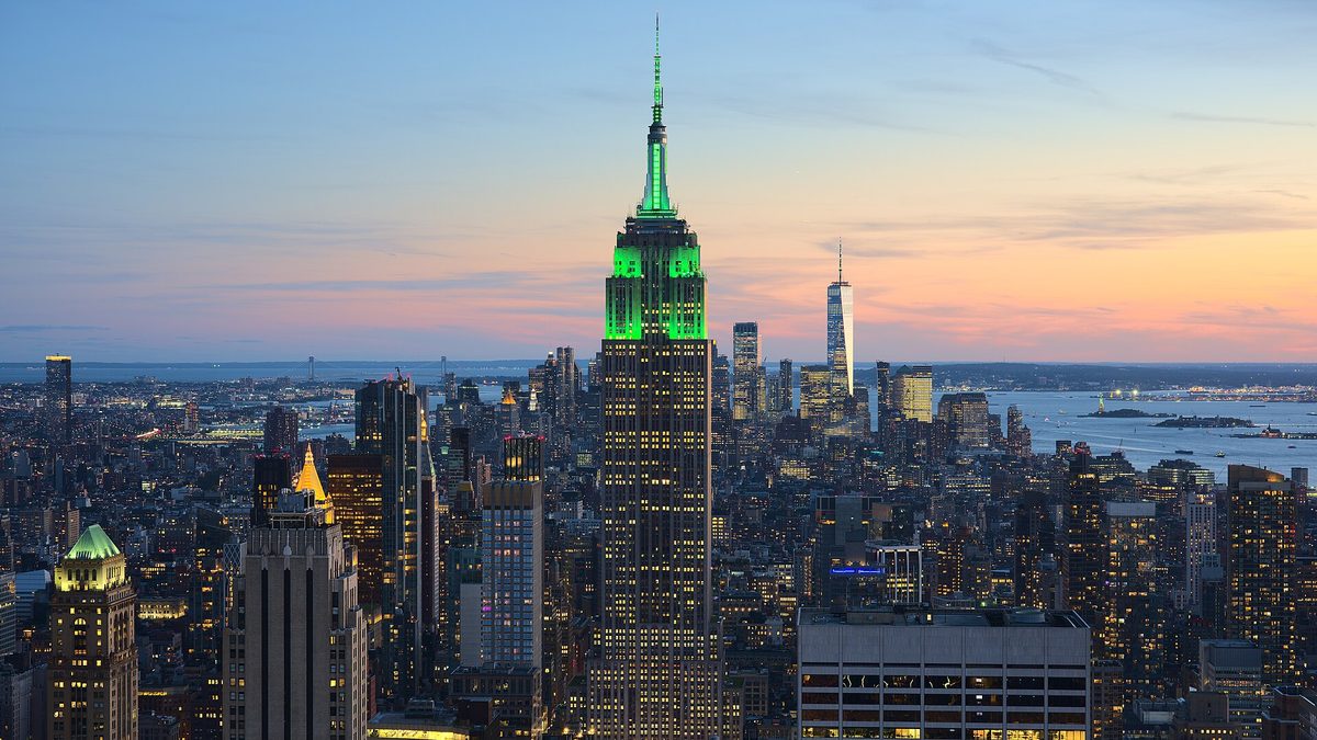 The Empire State Building and Midtown Manhattan at sunset, seen from Rockefeller Center
