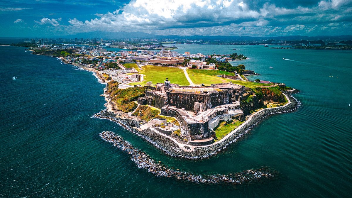 Aerial view of Castillo San Felipe del Morro on the tip of Old San Juan